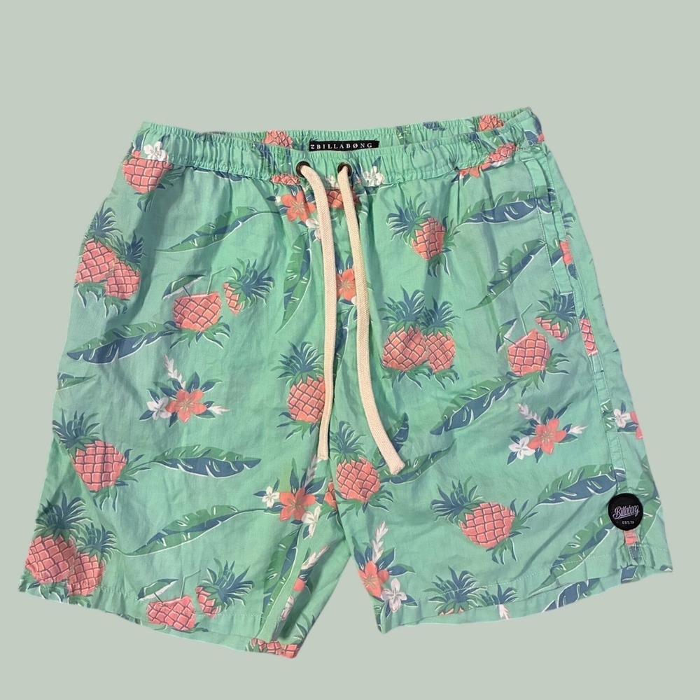 Billabong Mens Pineapple Floral Board Shorts Mint‎ Green Cotton Swim Trunks L